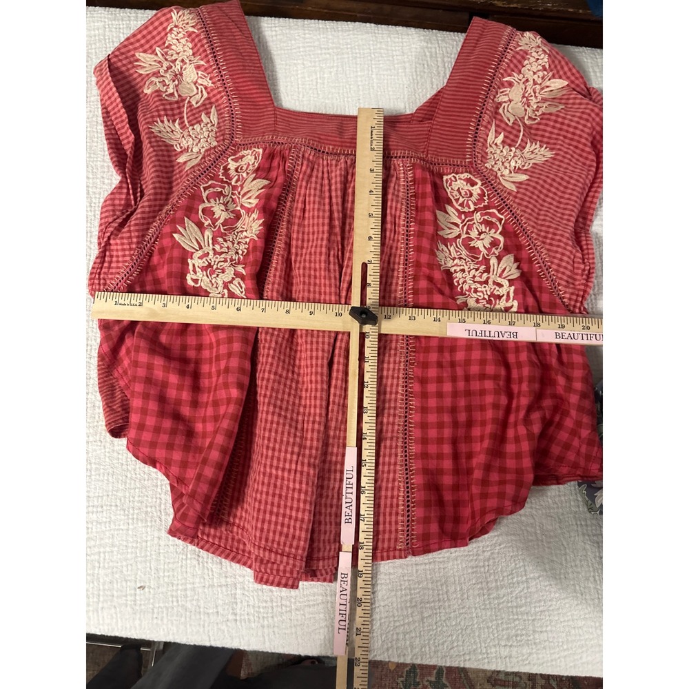 We The Free Free People half moon Embroidered red gingham Top Cotton blend XS - Picture 9 of 12